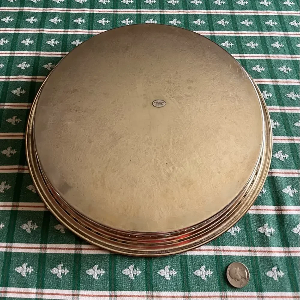 Silver Plate on Copper Round Tray Filigree and Etched Decoration 12.5” Diameter